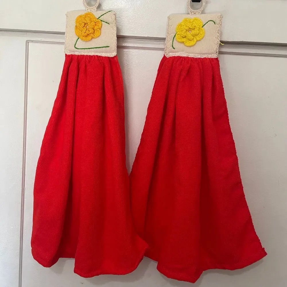 Handmade embroidered terry cloth hanging hand towels orange yellow flowers